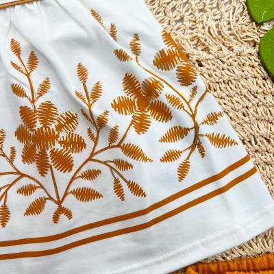 Conj. Batinha Flores e Short com Lacinho - Caramelo e Off White